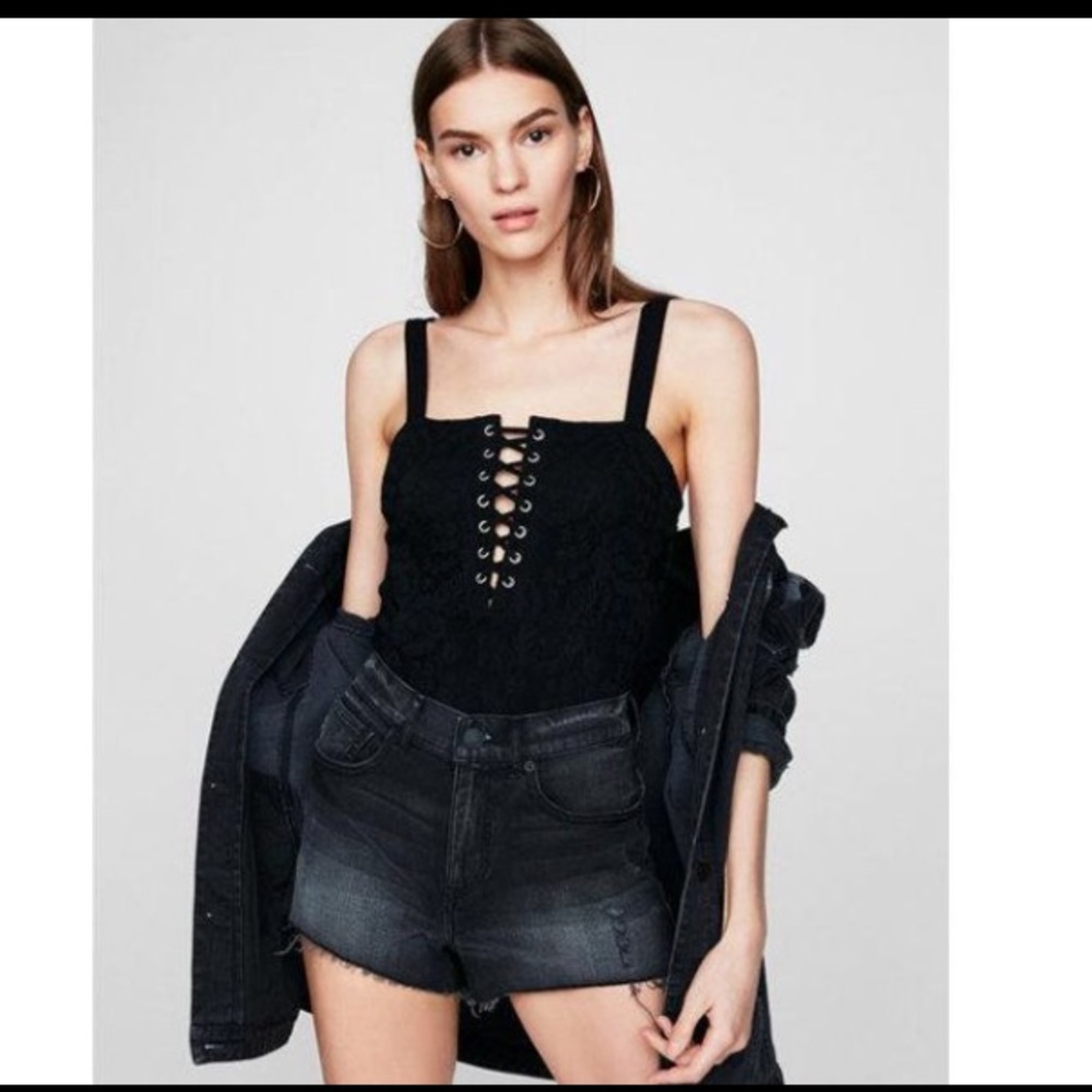 Black lace body suit with tie up front